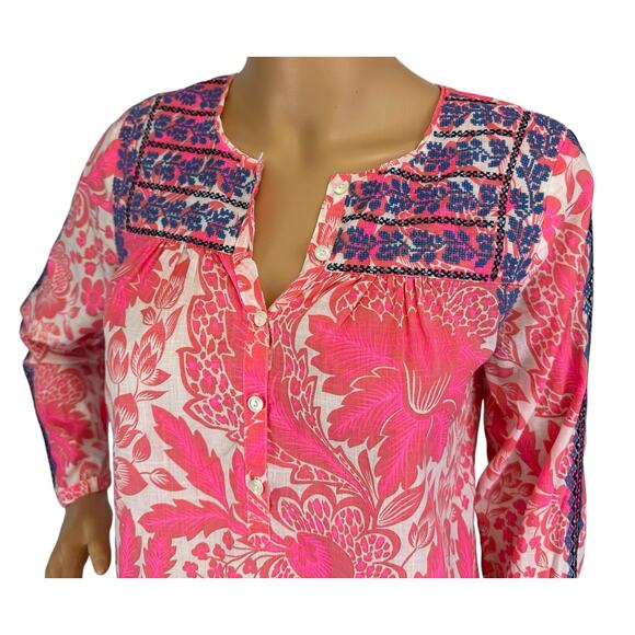 J. Crew Embroidered Cotton Popover Top Pink Floral 3/4 Sleeve Size 00 - Picture 7 of 10